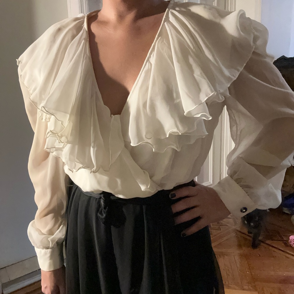 Vintage 80s cream and black with ruffled neckline palazzo pant jumpsuit